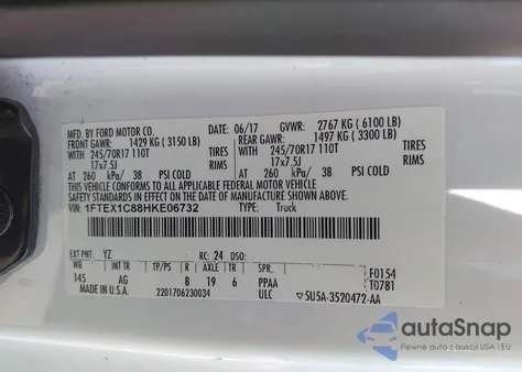 2017 Ford F150 Xl z USA, uszkodzony, nr VIN 1FTEX1C88HKE06732